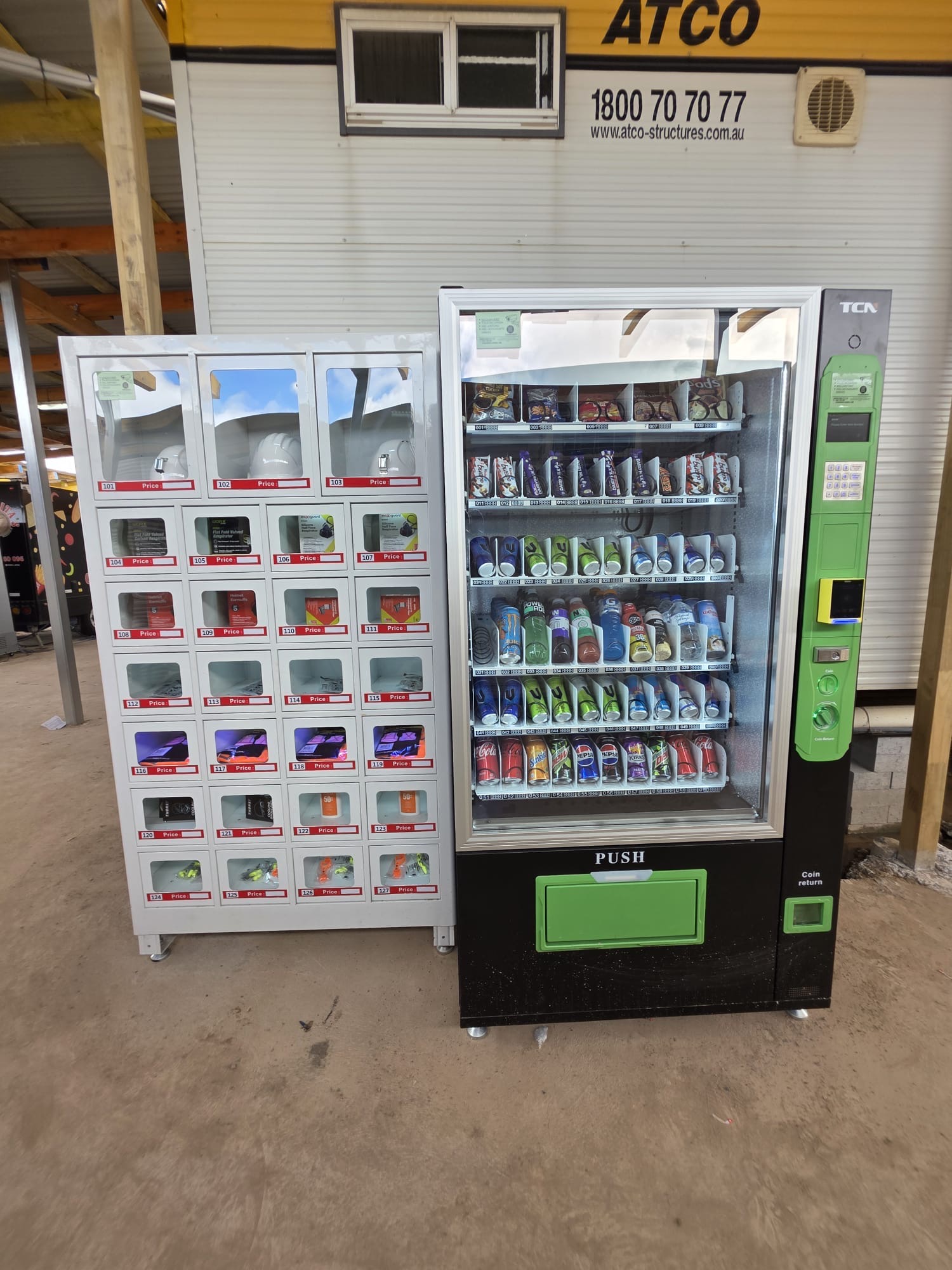 PPE attachment beside a Vendor Bros. snack and drink machine on a job site