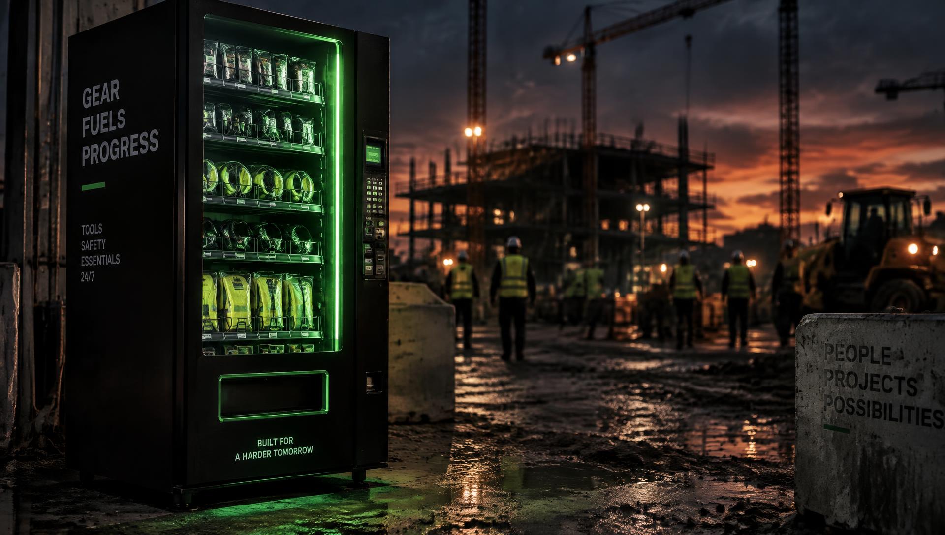 Vendor Bros vending machine glowing on a construction site at dusk